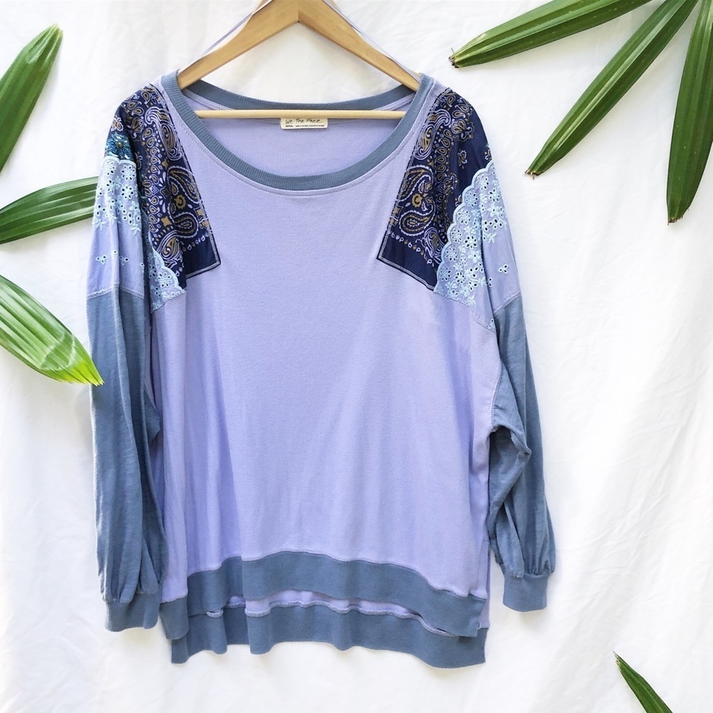 FREE PEOPLE | WE THE FREE FEELIN IT BOHO PATCHWORK SHIRT IN CORNFLOWER MEDIUM - Picture 3 of 7
